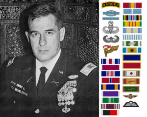 Black and white photo of Lt. Col. Anthony Herbert, along with all his military medals